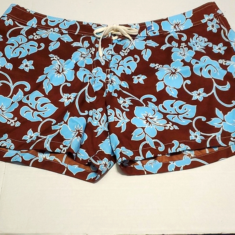 Xelocette Brown & Blue Hibiscus Tropical Beach Swim Shorts 20